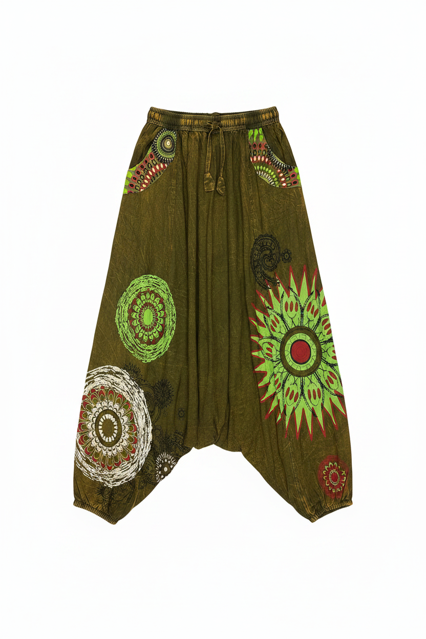 Olive Mandala Harem Pants – Flat Lay White Background