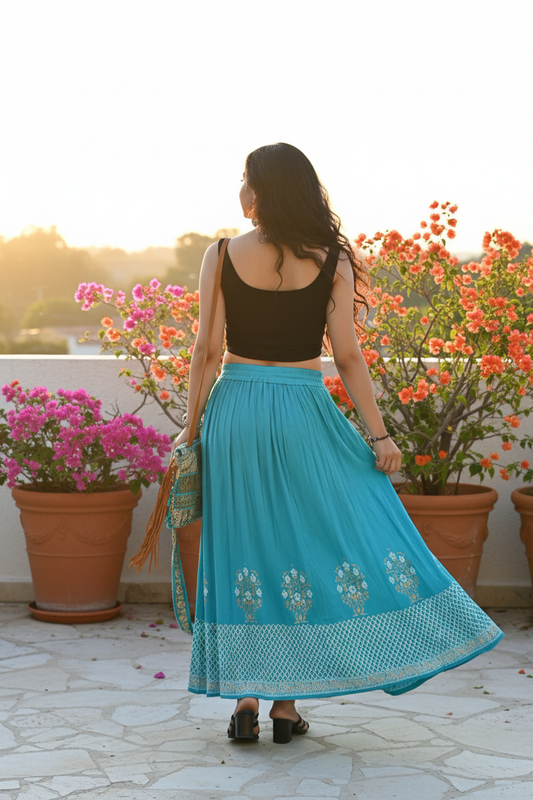 Turquoise Boho Maxi Skirt – Back View Lifestyle Edit