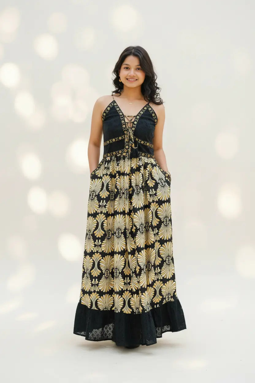 Black & Gold Bohemian Maxi Dress – Model Lifestyle Shot