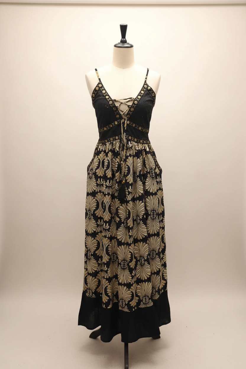 Black & Gold Bohemian Maxi Dress – Studio Lifestyle Shot