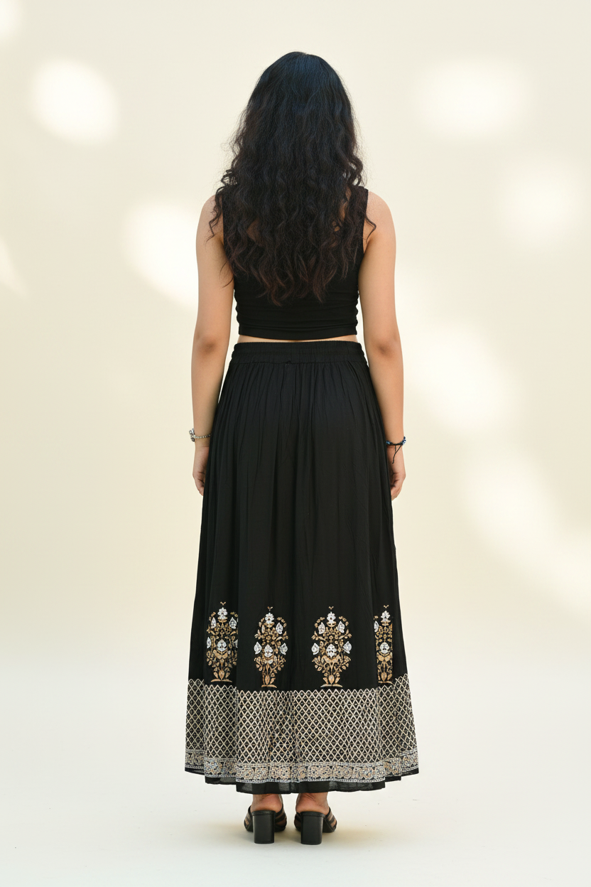 Black Rayon Maxi Skirt – Back Lifestyle Shot