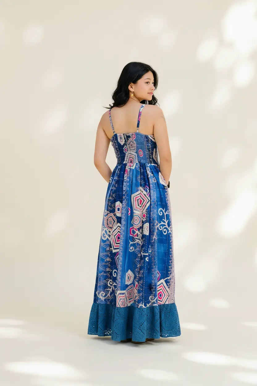 Blue Geometric Maxi Dress – Back View Model Shot