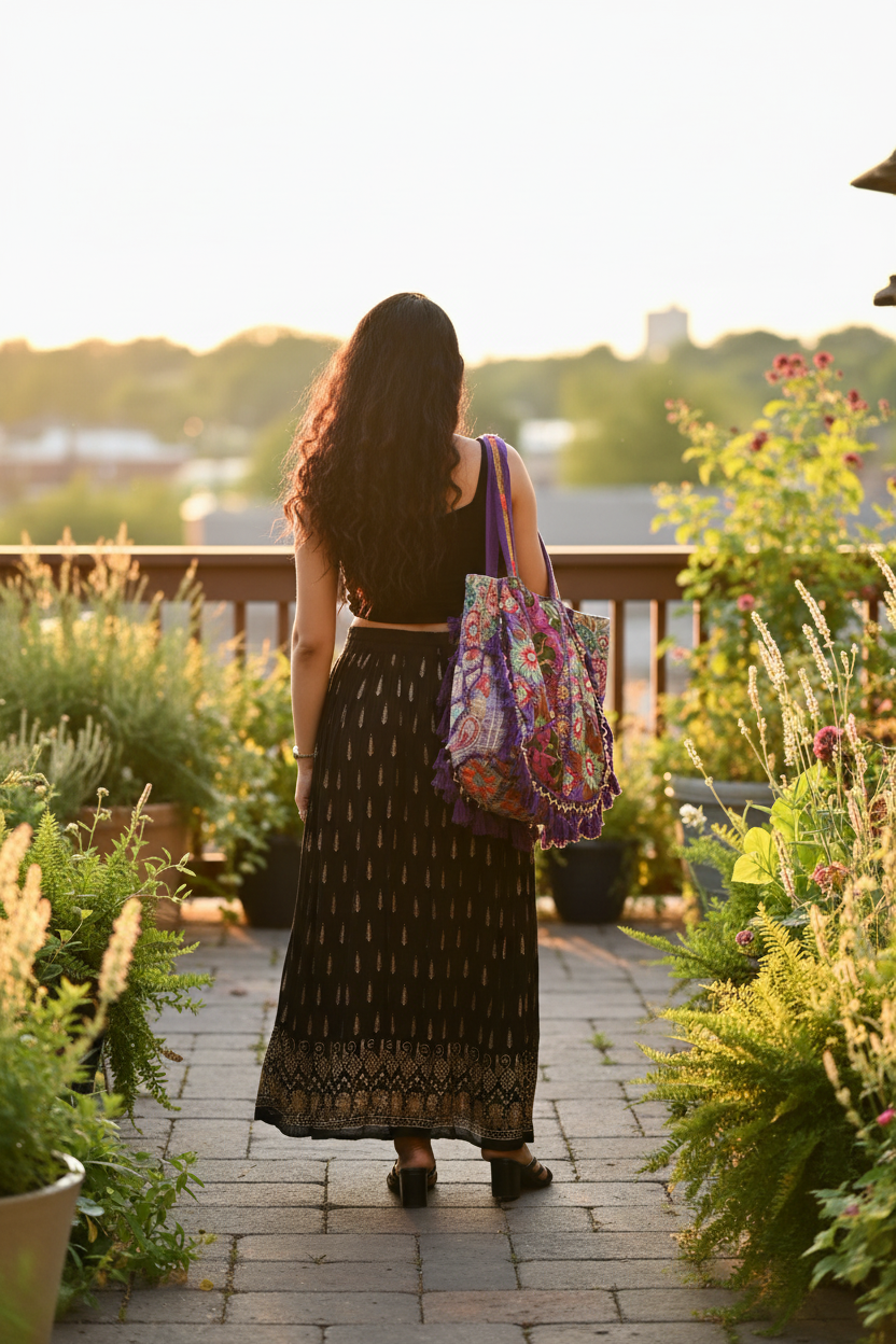Boho Indian Maxi Skirt – Black Back View