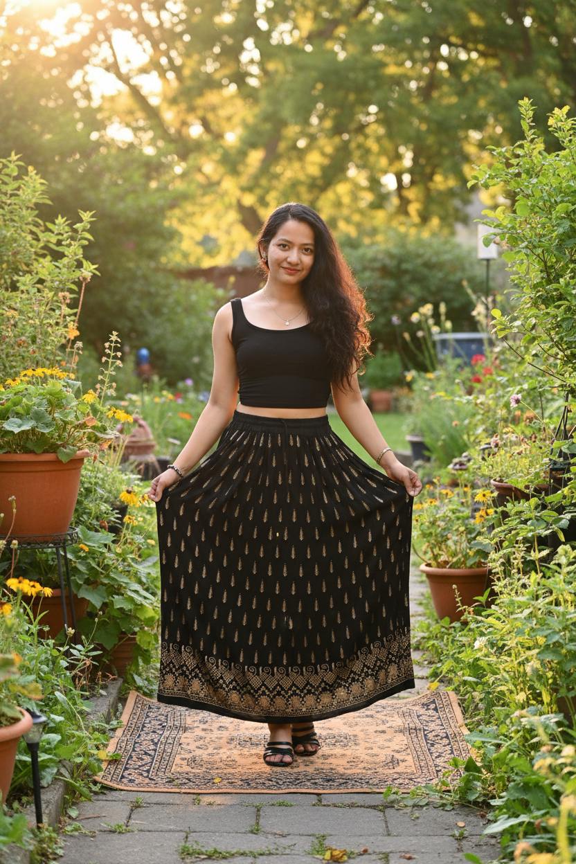 Boho Indian Maxi Skirt – Black Front View