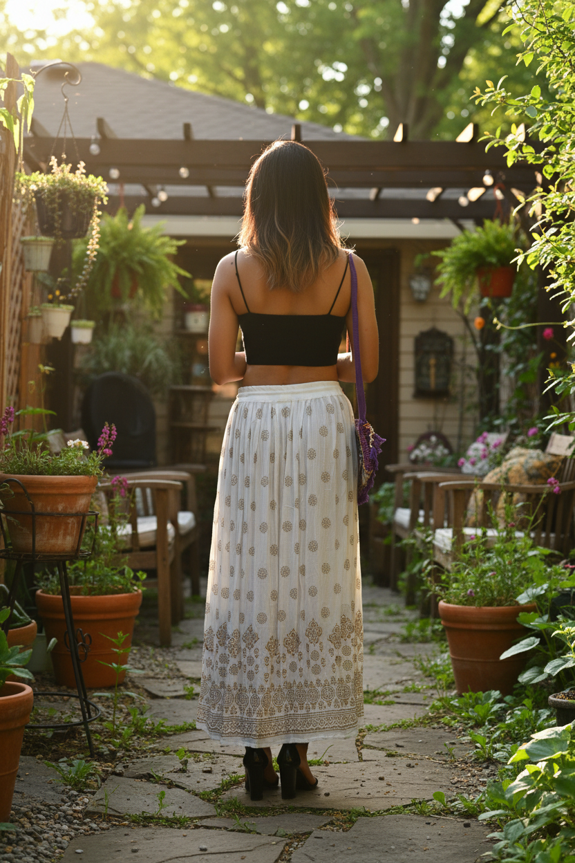 Boho Indian Maxi Skirt – White Back View