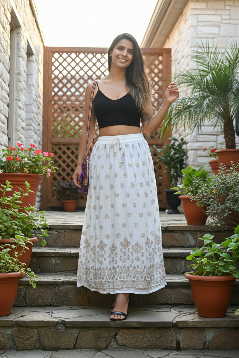 Boho Indian Maxi Skirt – White Lifestyle