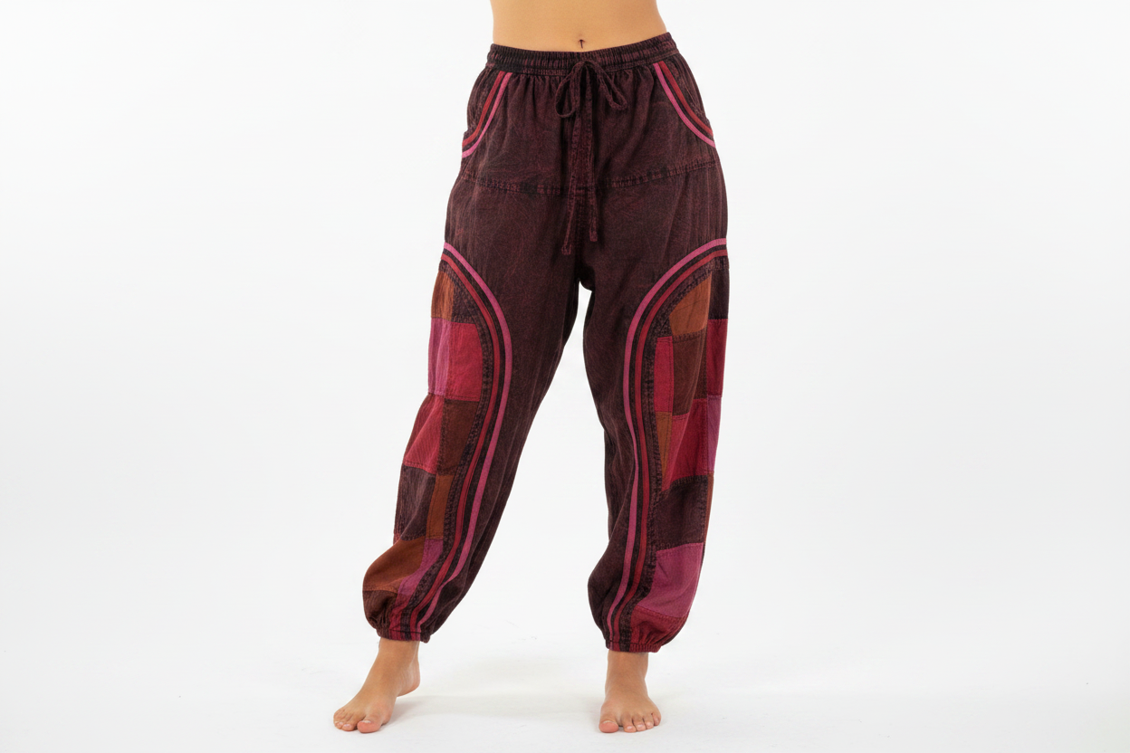 Burgundy Pink Patchwork Harem Pants - Studio