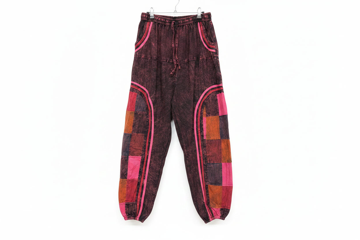 Burgundy Pink Patchwork Harem Pants - White Background