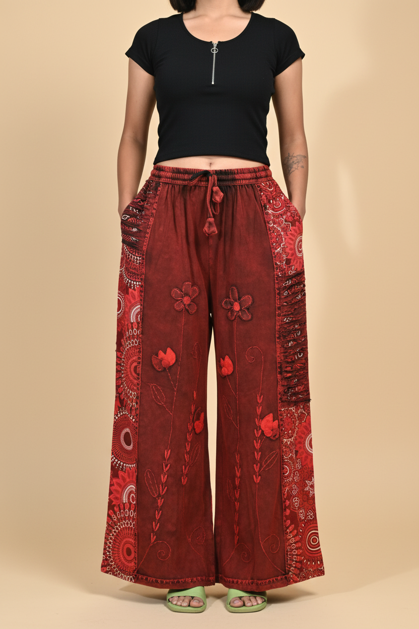 Burgundy Wide-Leg Boho Pants