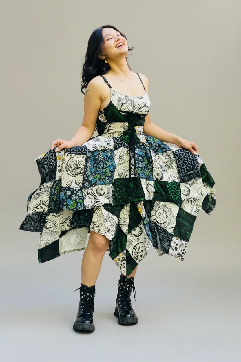 Celestial Patchwork Cotton Dress – Front View