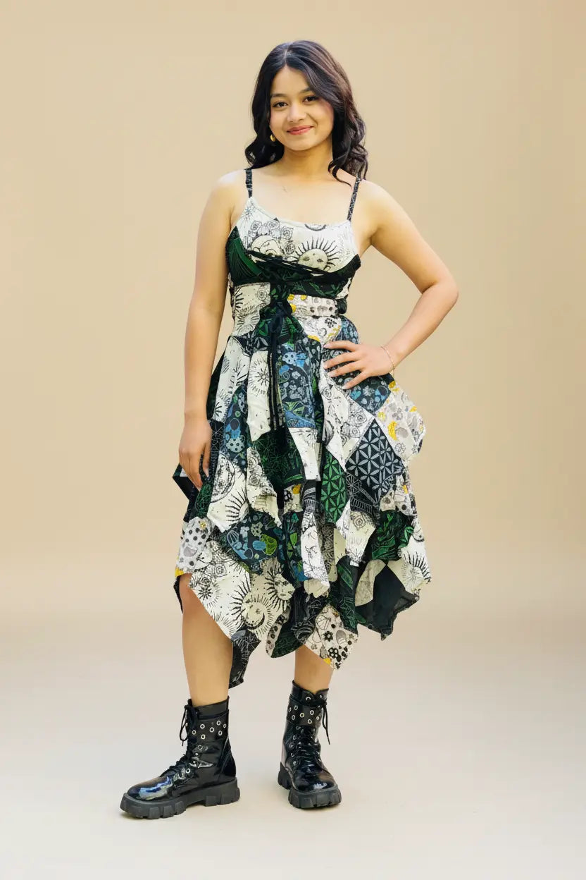Celestial Patchwork Cotton Dress – Hand on Hip