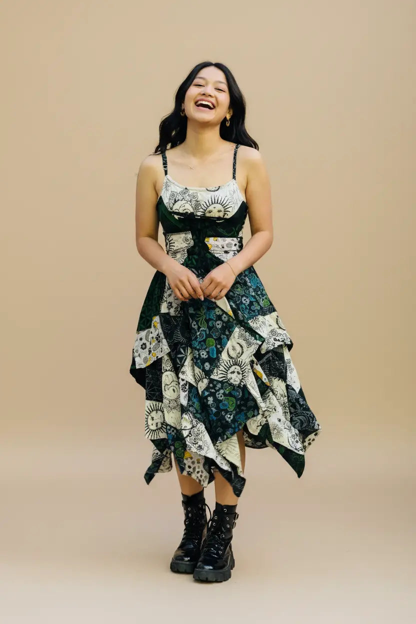 Celestial Patchwork Cotton Dress – Laughing Pose