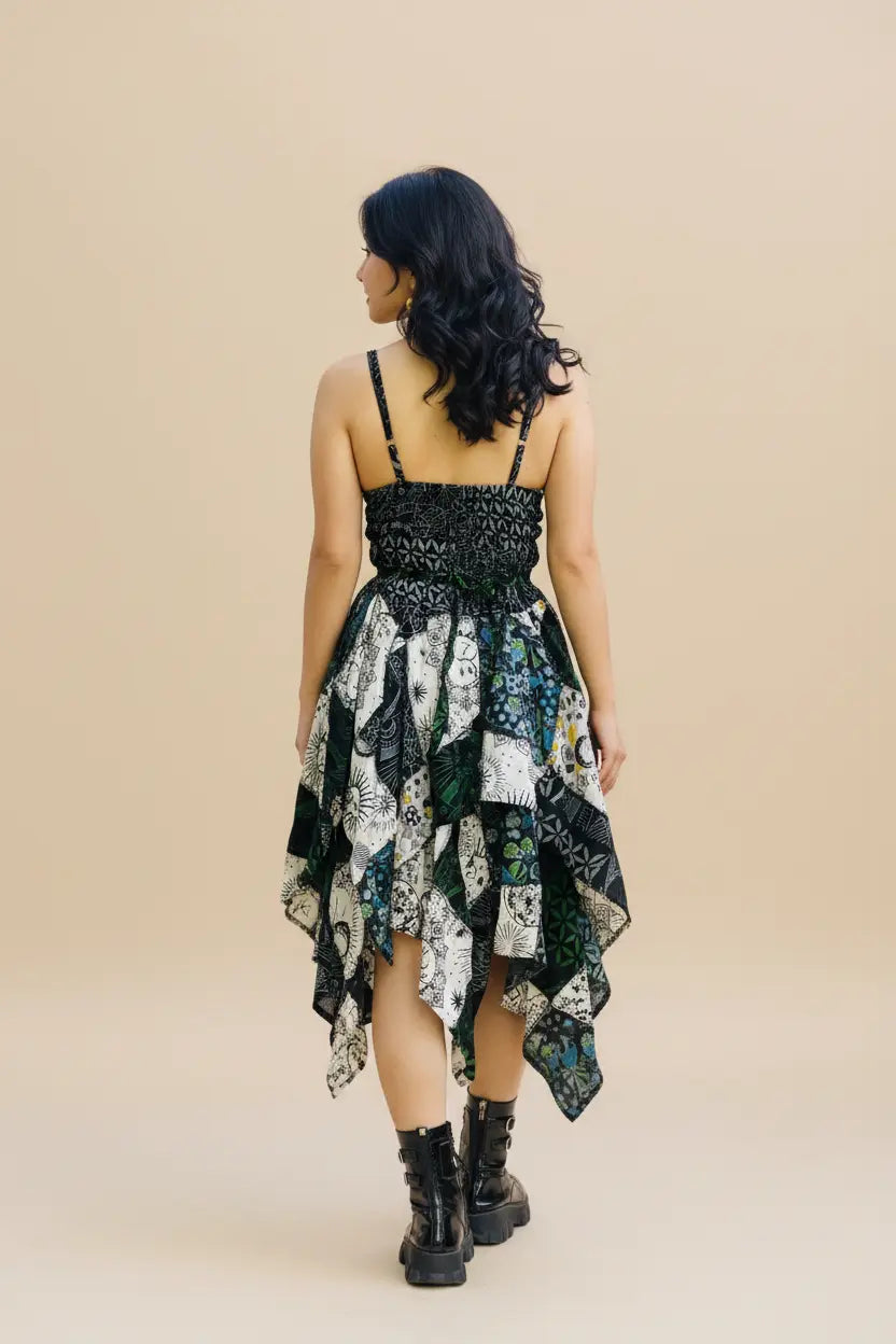 Celestial Patchwork Cotton Dress – Walking Back View