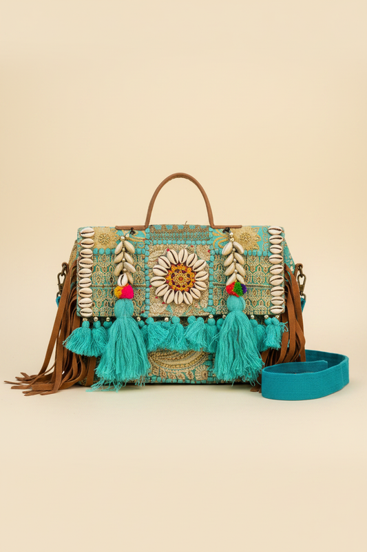 Cowrie Shell Bag – Teal Sunflower Front Detail Studio