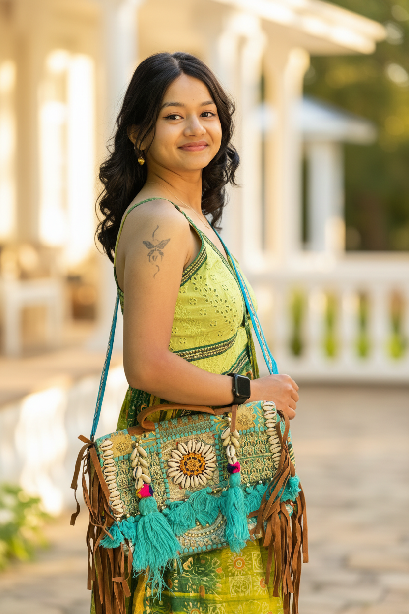 Cowrie Shell Bag – Teal Sunflower Model