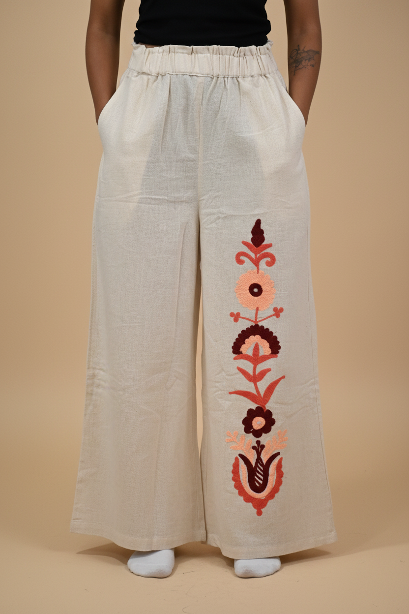 Cream Folk Embroidered Pants