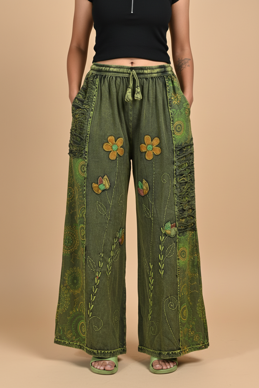 Forest Green Wide-Leg Boho Pants
