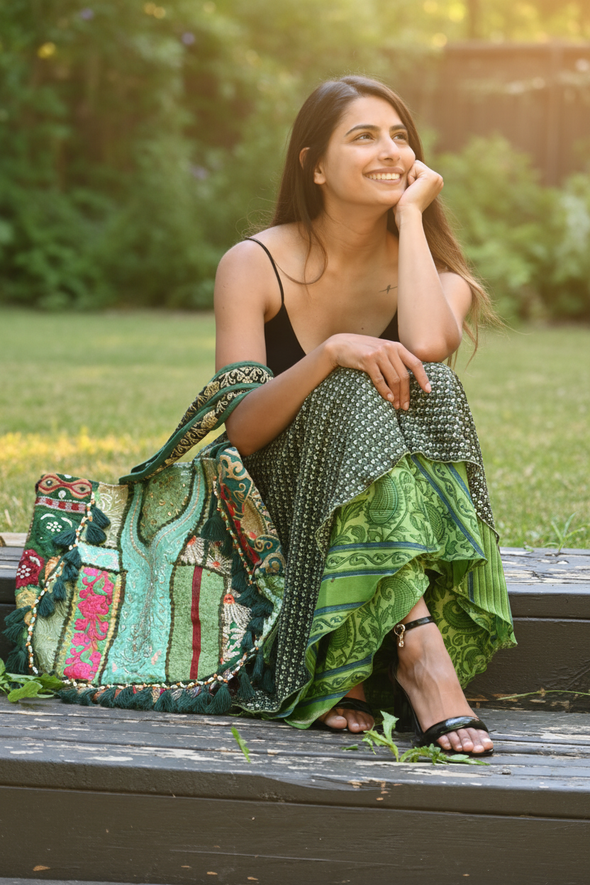 Green Patchwork Tote – Model Editorial