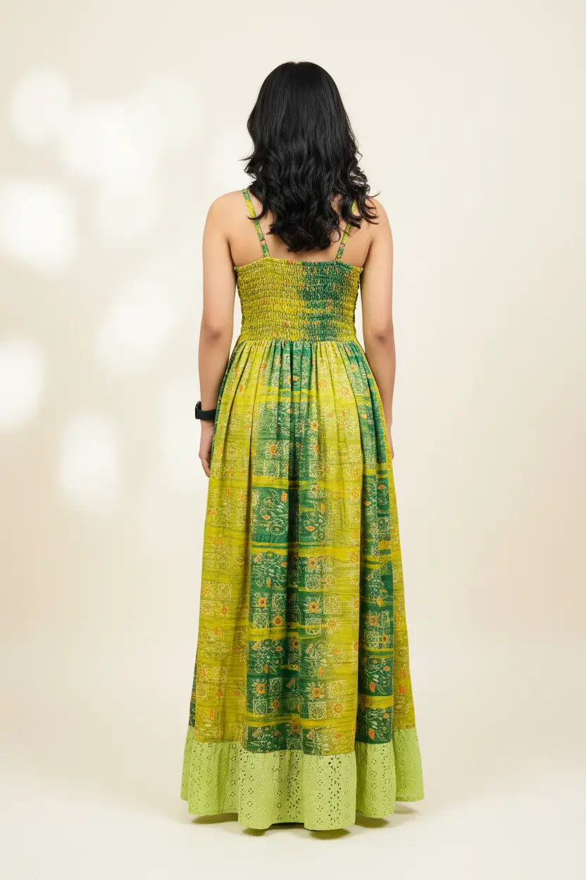 Green & Yellow Bohemian Maxi Dress – Back View Model Shot