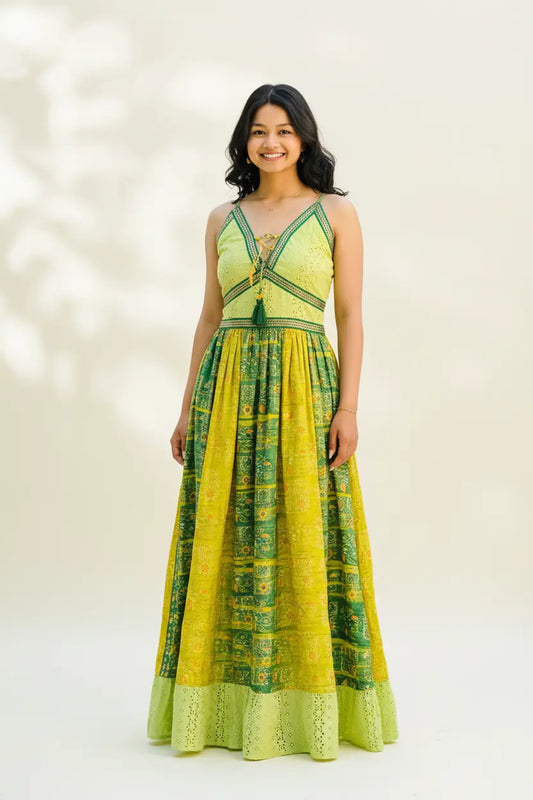 Green & Yellow Bohemian Maxi Dress – Model Lifestyle Shot