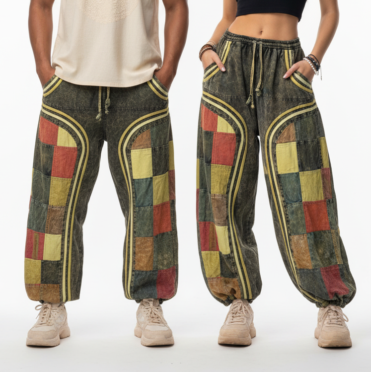 Men and Women Wearing Patchwork Harem Pants - Duo Studio Shot