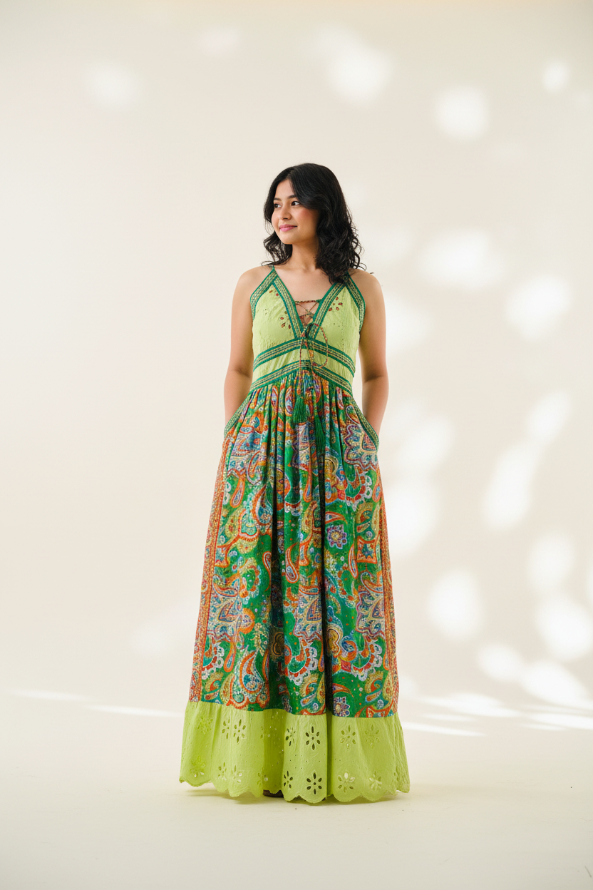 Mint Green Paisley Maxi Dress – Model Lifestyle Shot