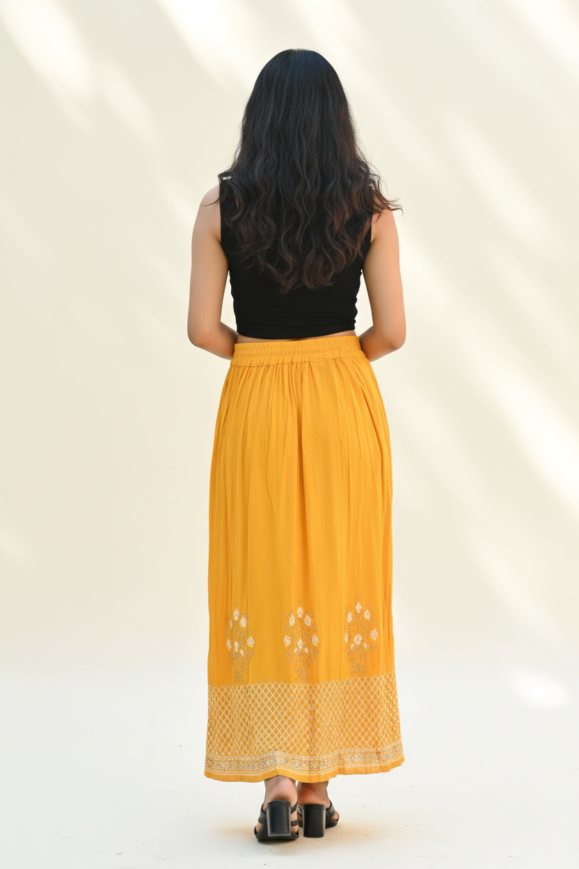 Mustard Yellow Rayon Maxi Skirt – Back Lifestyle Shot