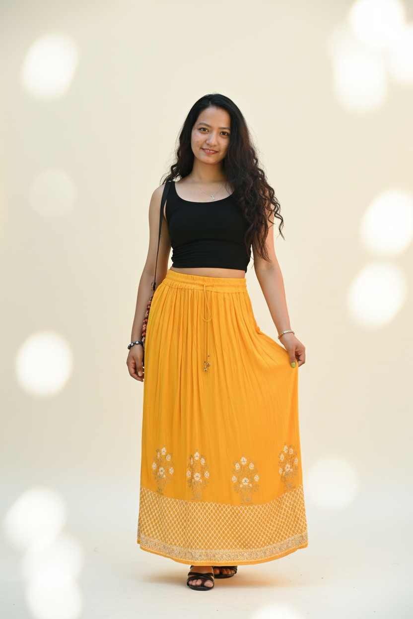 Mustard Yellow Rayon Maxi Skirt – Front Lifestyle Shot