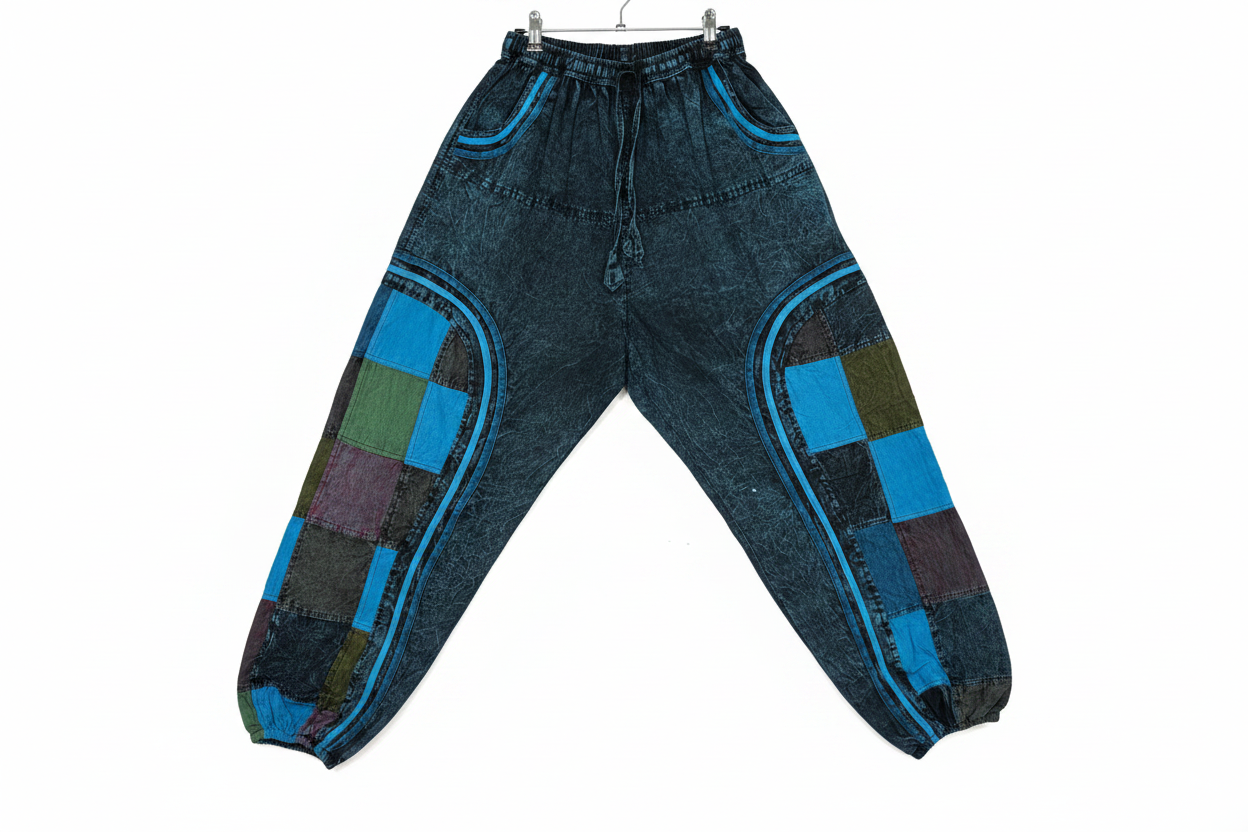 Navy Blue Patchwork Harem Pants - White Background