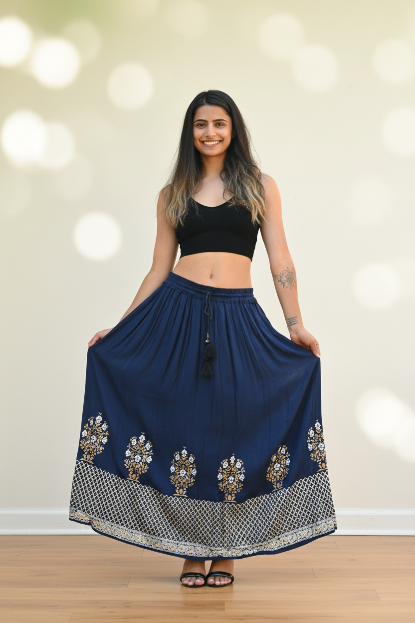 Navy Rayon Maxi Skirt – Front Lifestyle Shot