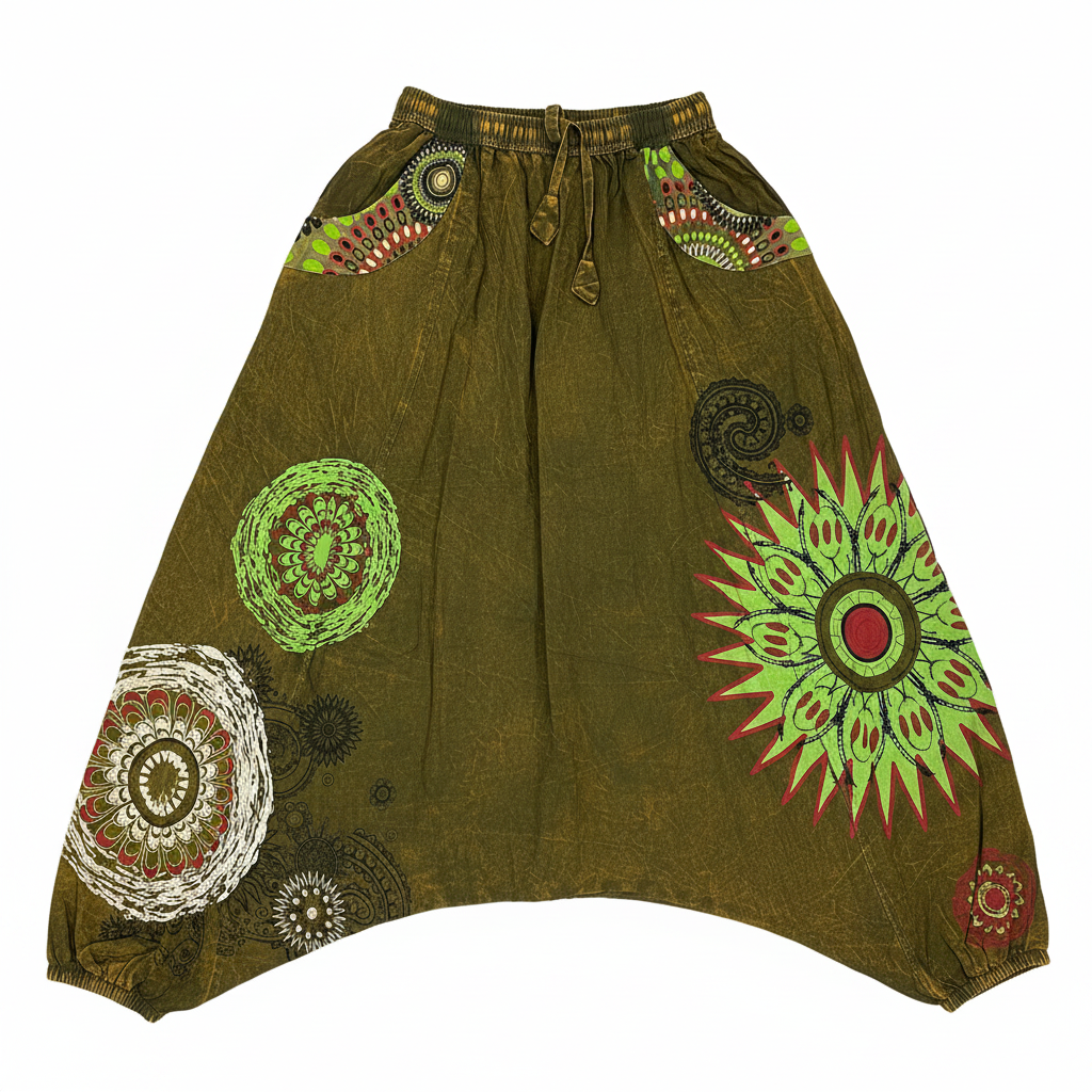 Olive Green Boho Harem Pants Flat Lay