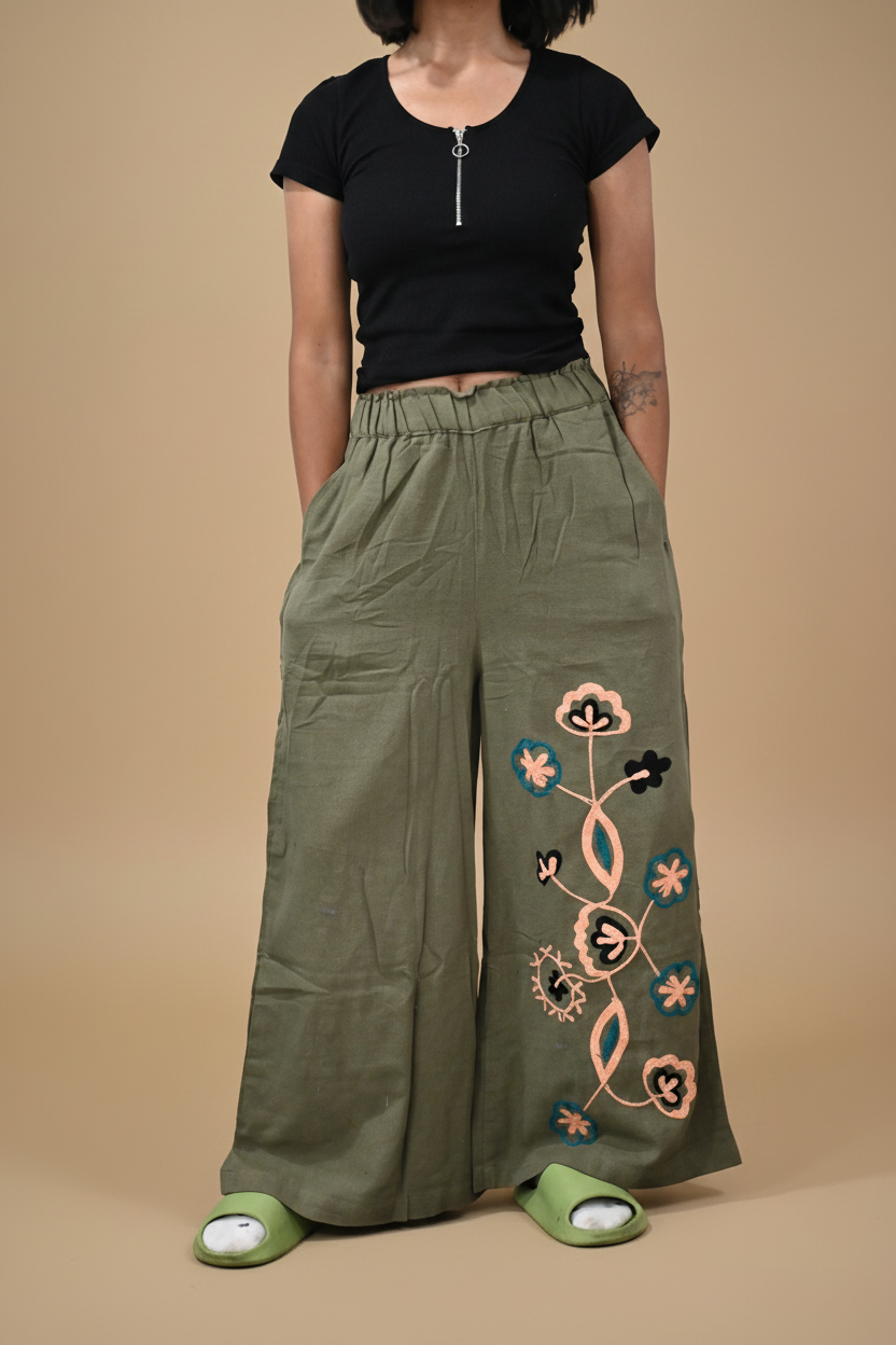 Olive Green Embroidered Pants