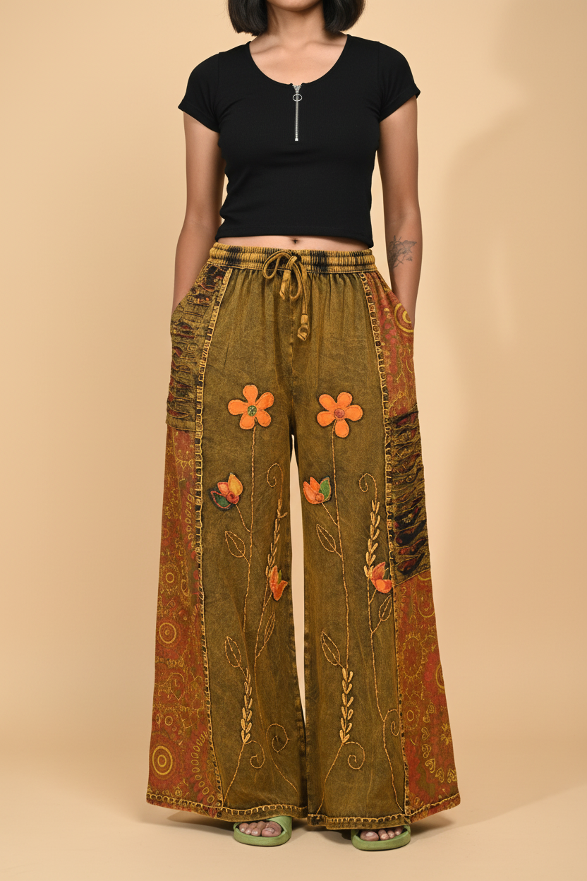 Olive Wide-Leg Boho Pants
