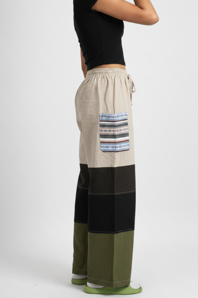 Patchwork Wide-Leg Pants Beige/Black/Olive – Side View White Studio