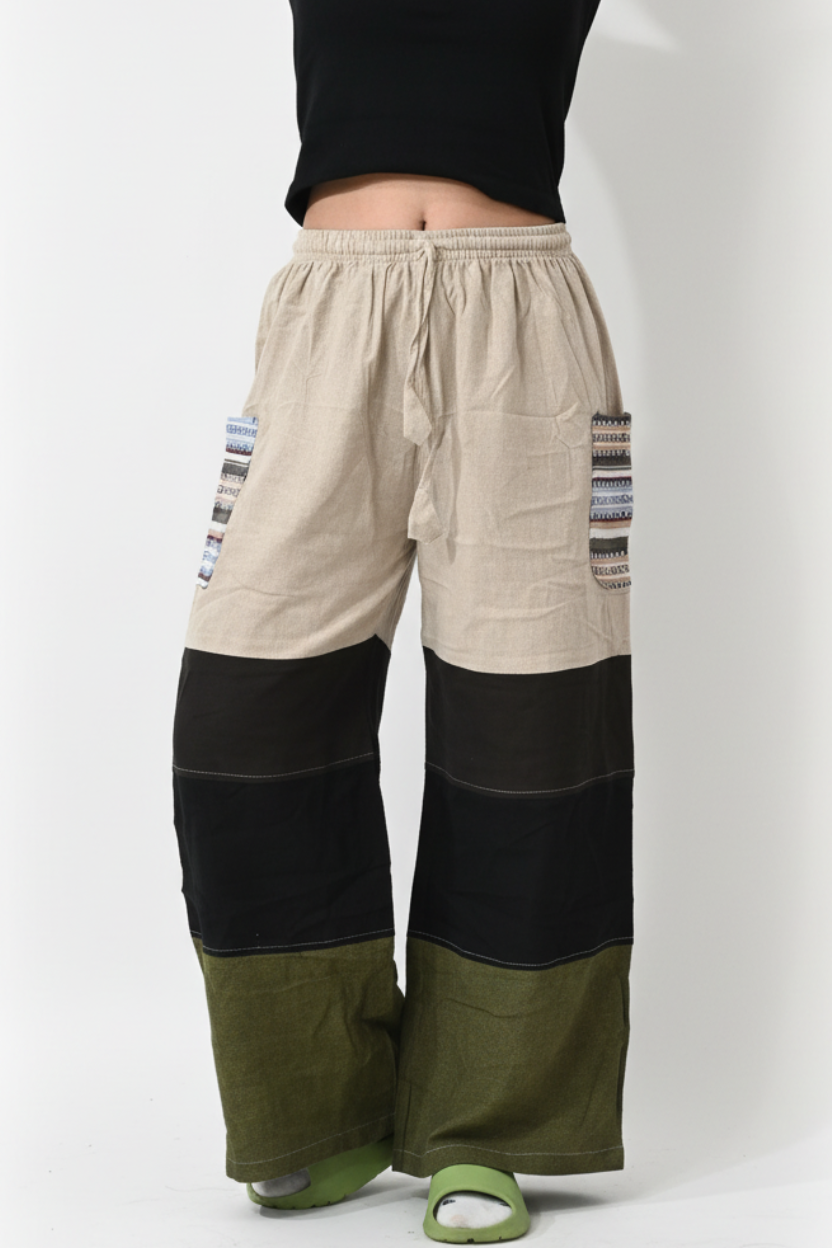 Patchwork Wide-Leg Pants Beige/Black/Olive – White Studio