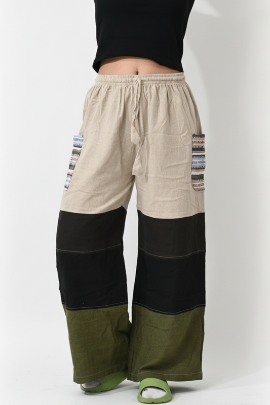 Patchwork Wide-Leg Pants Beige/Black/Olive – White Studio