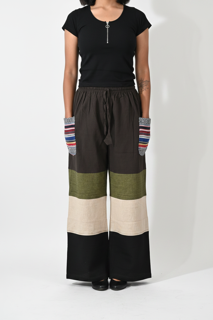 Patchwork Wide-Leg Pants Dark Brown/Olive/Beige – White Studio