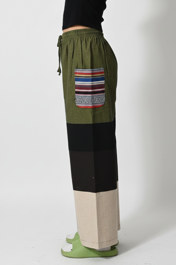 Patchwork Wide-Leg Pants Olive/Black/Beige – Side View White Studio