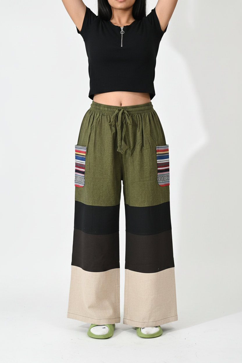 Patchwork Wide-Leg Pants Olive/Black/Beige – White Studio