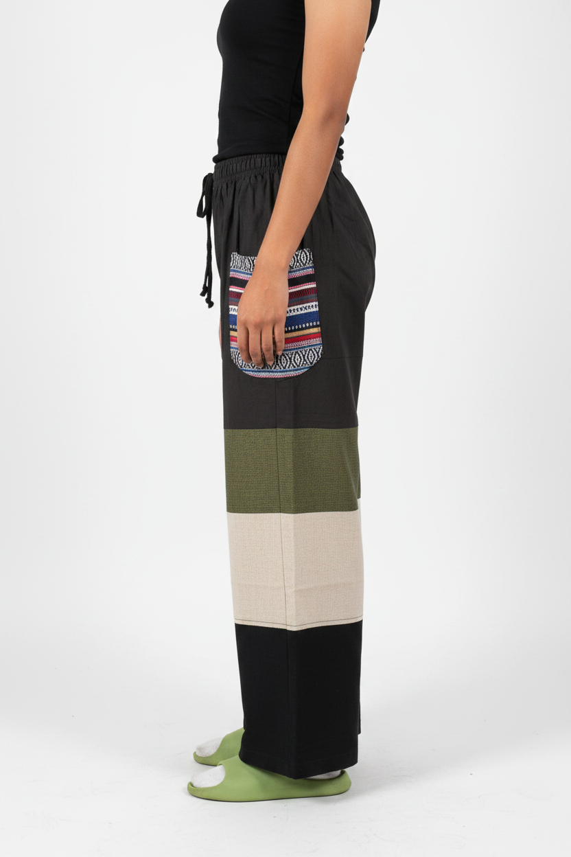 Patchwork Wide-Leg Pants – Side View White Studio