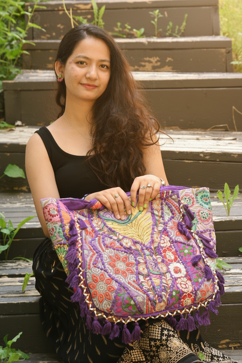 Purple Patchwork Tote – Model Editorial