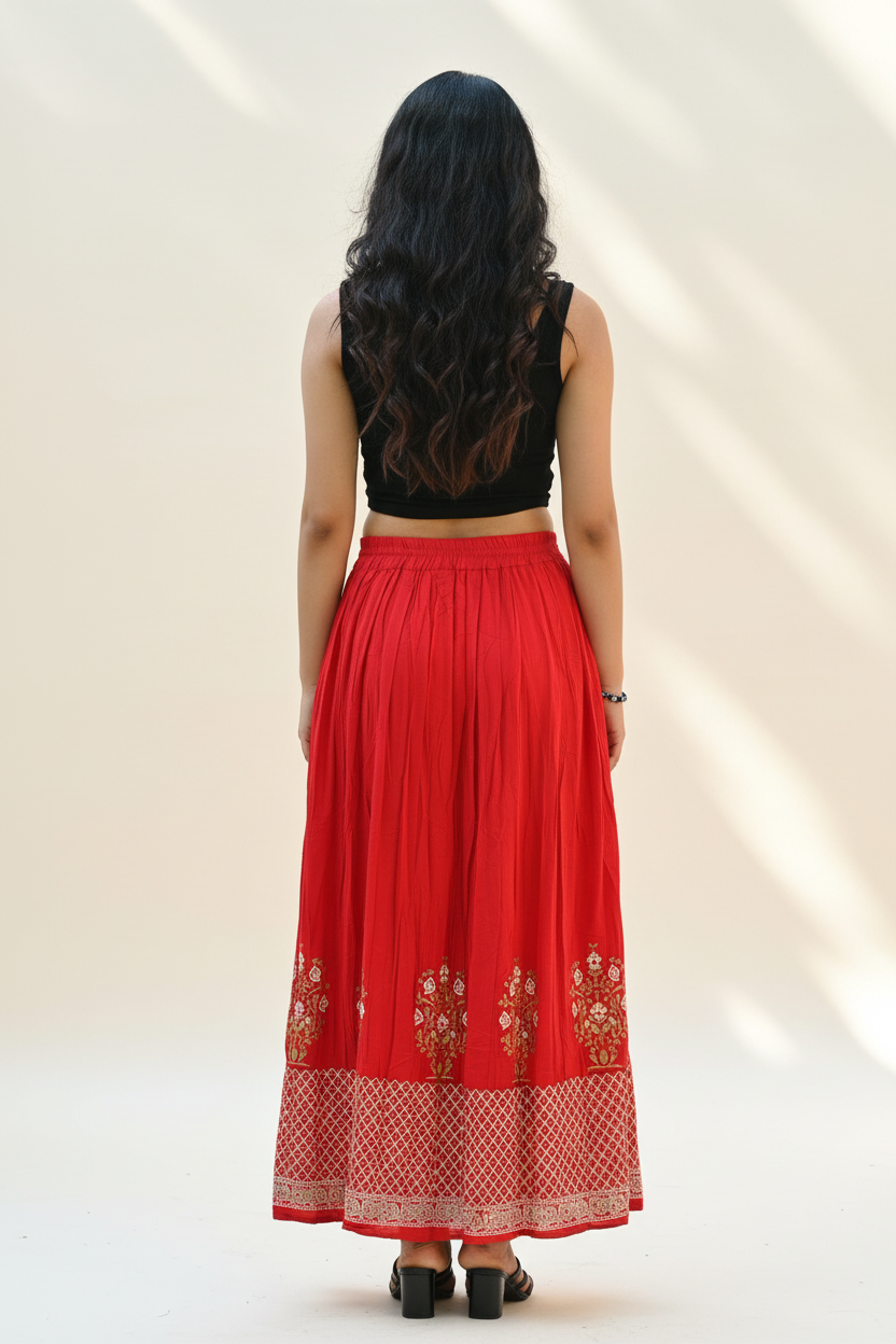 Red Rayon Maxi Skirt – Back Lifestyle Shot