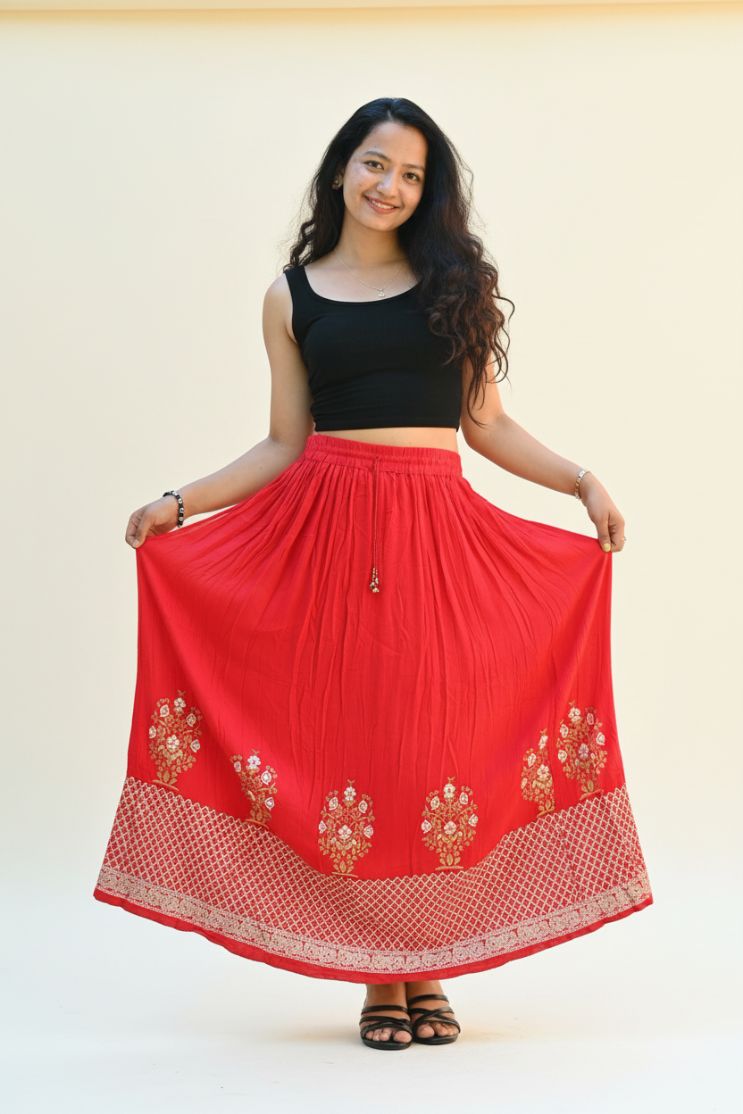 Red Rayon Maxi Skirt – Front Lifestyle Shot