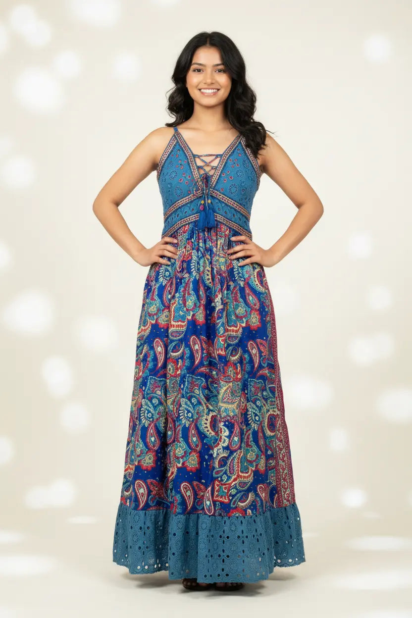Royal Blue Paisley Maxi Dress – Model Lifestyle Shot