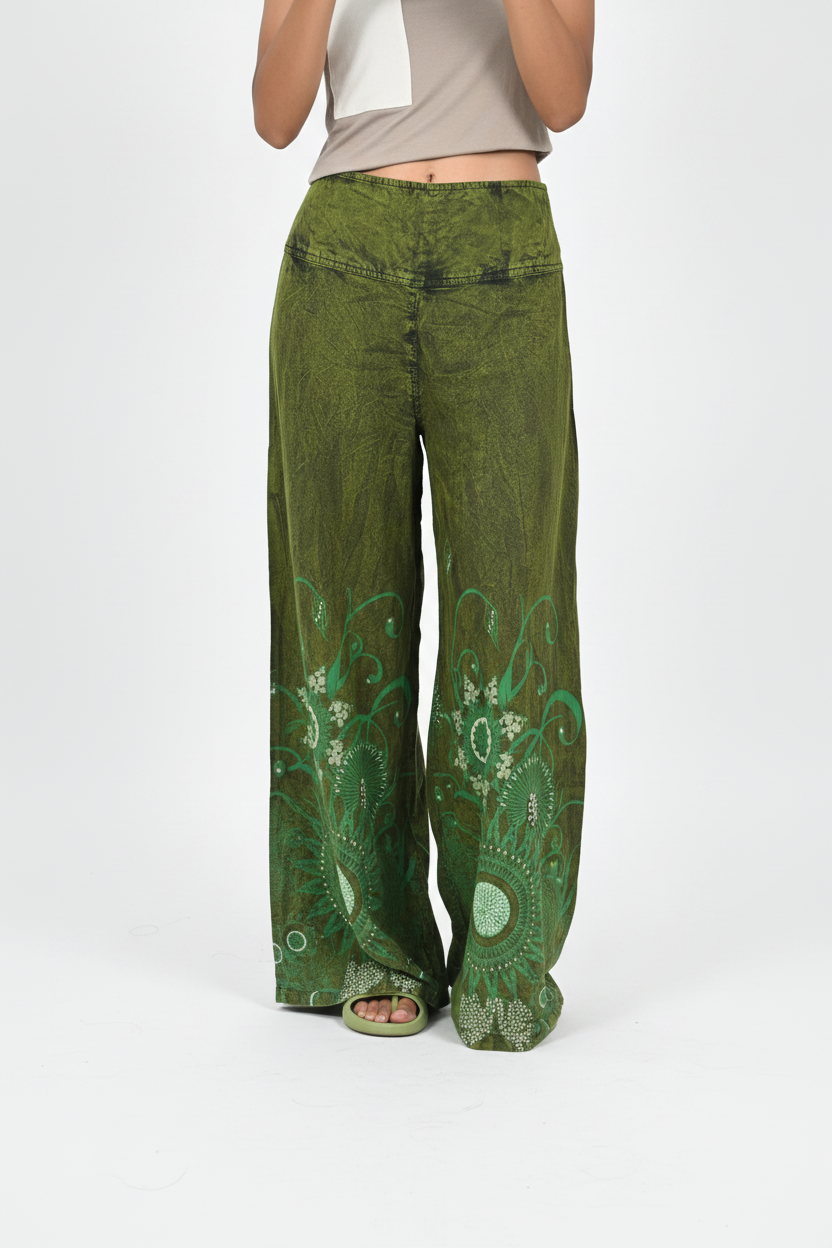 Sunflower Mandala Wide-Leg Pants - Olive Green Professional Shot