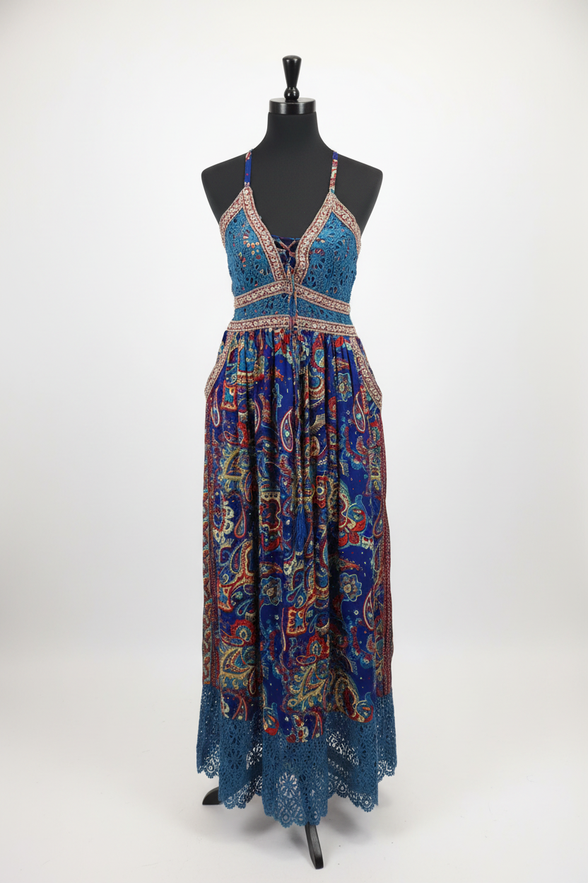 Teal Crochet & Royal Blue Paisley Maxi Dress – Professional Studio Shot