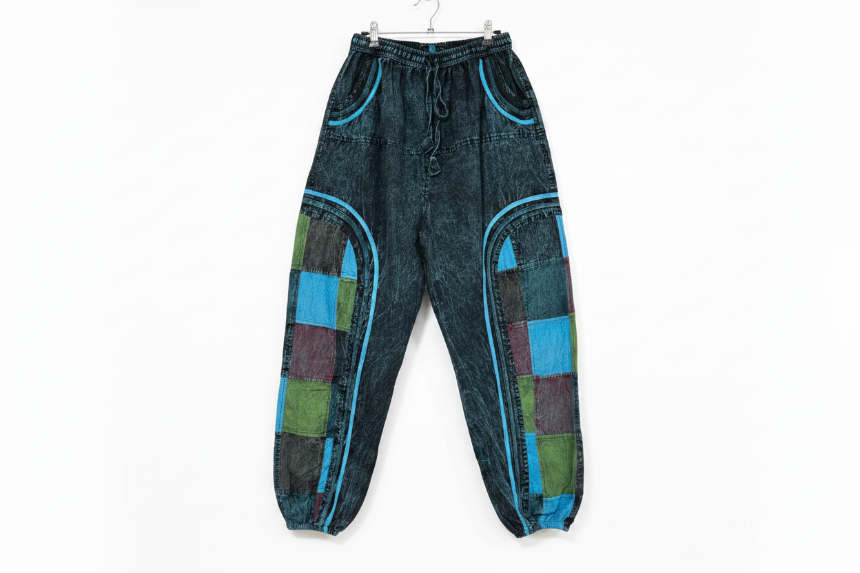 Teal Cyan Patchwork Harem Pants - White Background